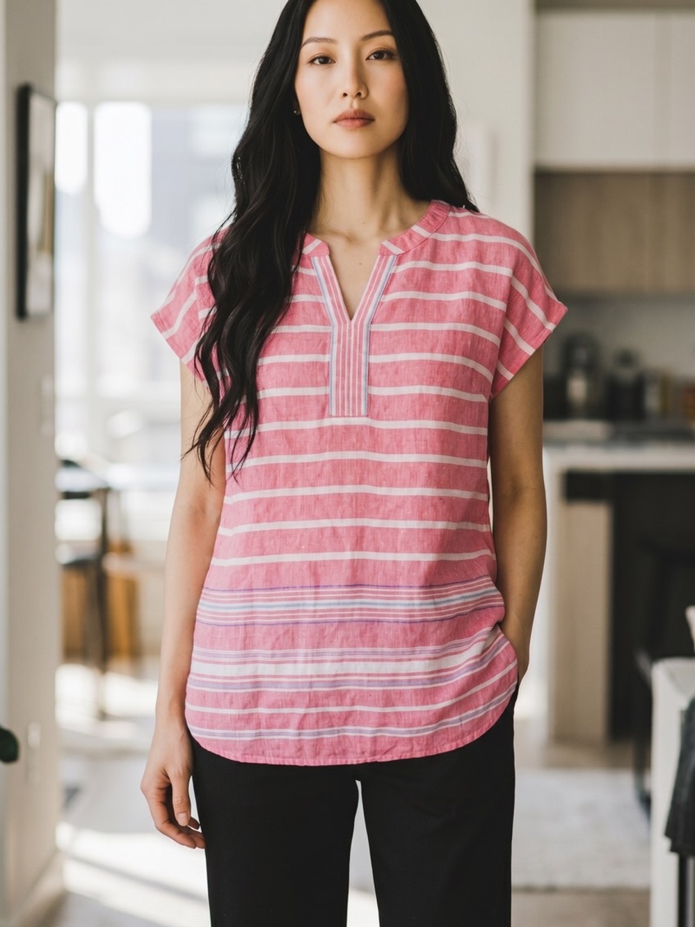 Talbots Pink & White Stripe Linen Top